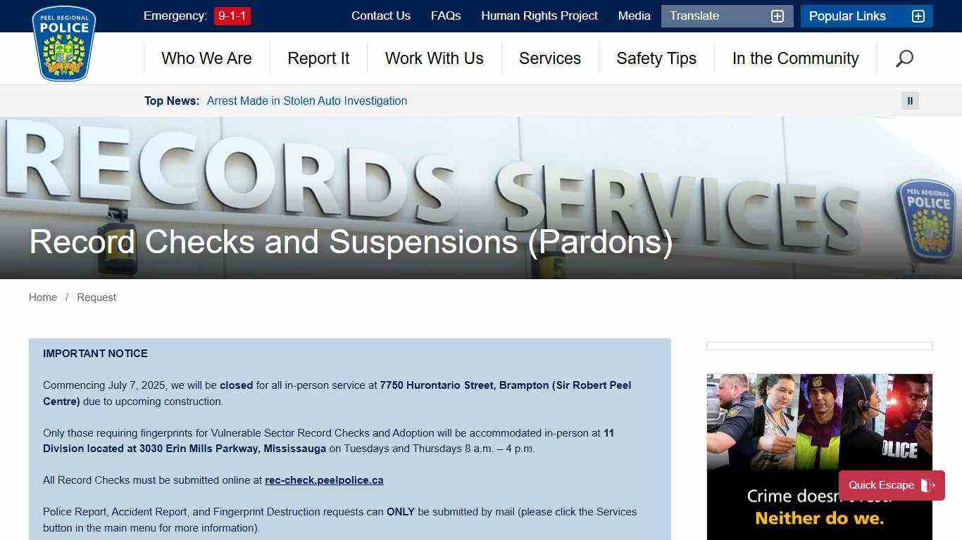 Record Checks and Suspensions Pardons - Peel Regional Police